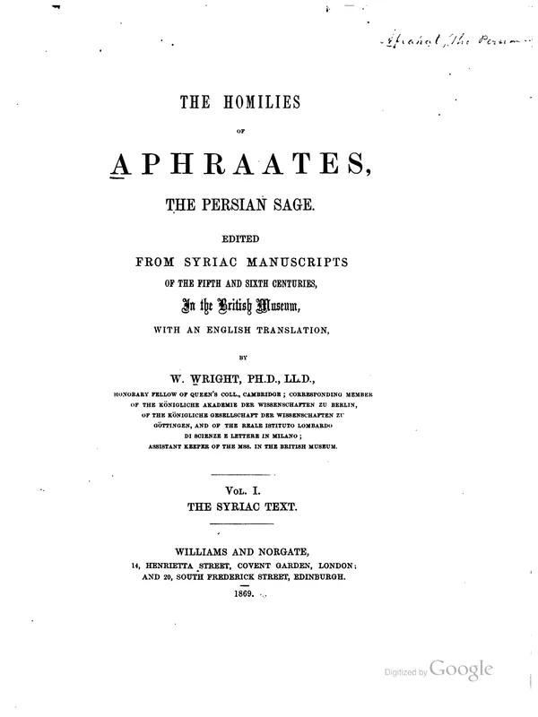 Historical document associated with Aphrahat the Persian Sage: the title page of the first edition of his Homilies (Demonstrations), ed. William Wright (1869); not a portrait