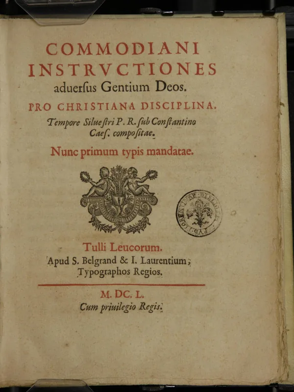 Historical document associated with Commodian: the title page of the first printed edition of his Instructiones (Toul, 1650); not a portrait