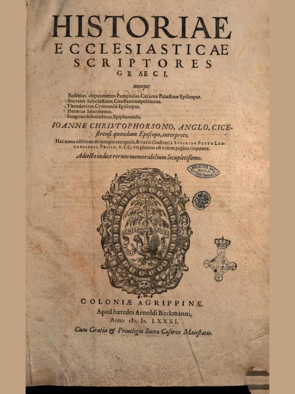 Historical document associated with Hermias Sozomen: the title page of a 1581 collection of the Greek church historians that includes his Ecclesiastical History; not a portrait