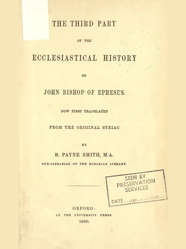 Historical document associated with John of Ephesus: the title page of the first English translation of his Ecclesiastical History (Oxford, 1860); not a portrait