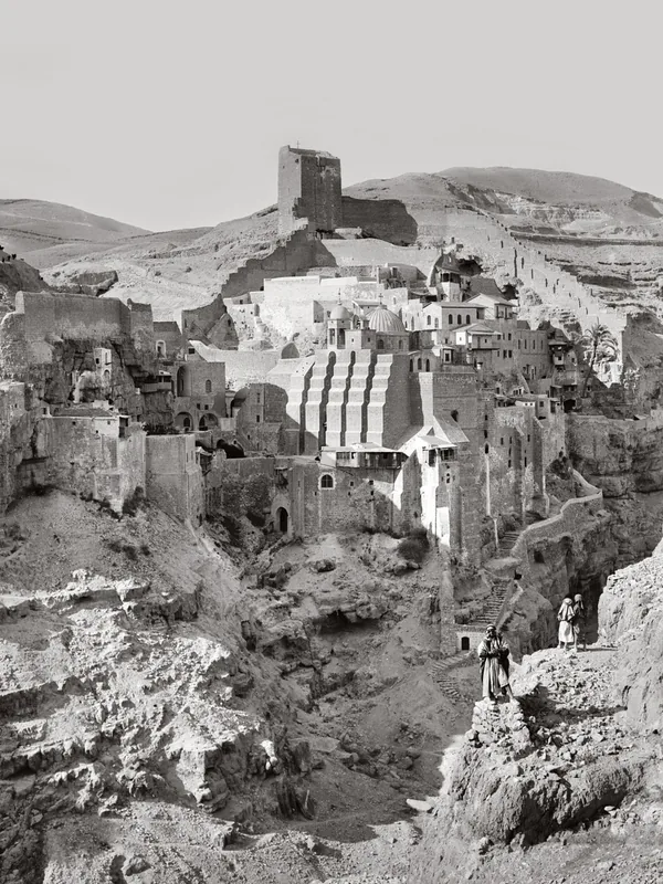 Historical place associated with Leontius of Byzantium: the Great Lavra of Mar Saba, where he is reported to have lived as a monk (photograph, c. 1900–1920); not a portrait
