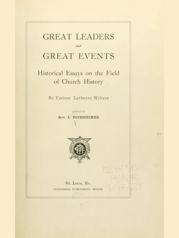 Historical document associated with Louis Buchheimer: the title page of Great Leaders and Great Events (1922), which he edited; not a portrait