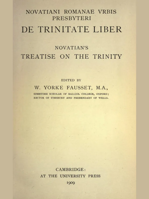 Historical document associated with Novatian: the title page of a 1909 Cambridge edition of his De Trinitate; not a portrait