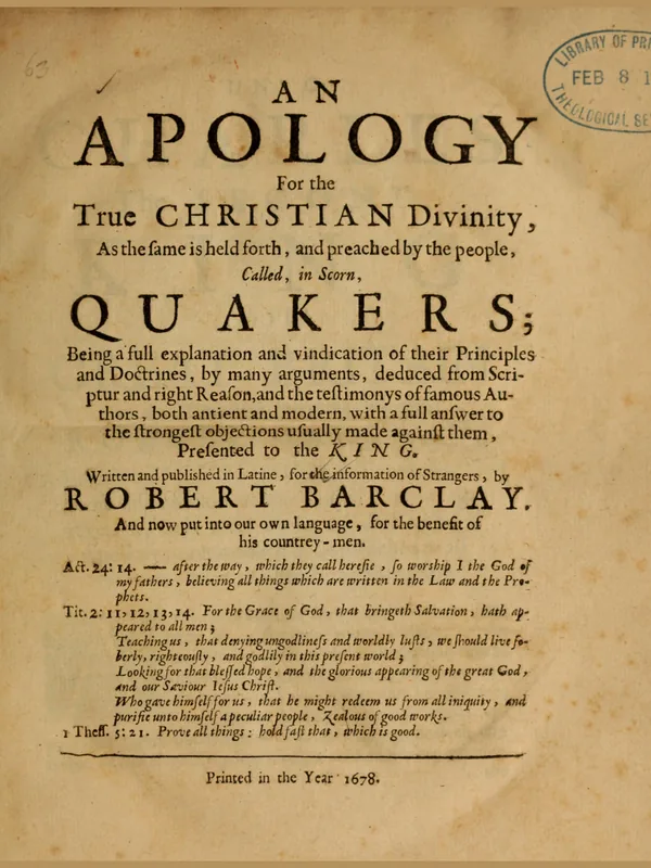 Historical document associated with Robert Barclay: the title page of his Apology for the True Christian Divinity (London, 1678); not a portrait