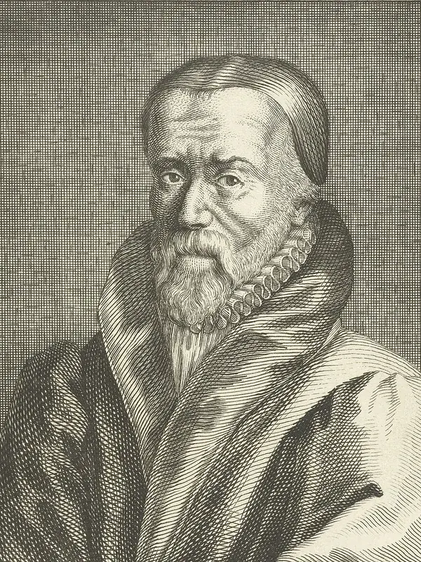Engraved portrait of William Tyndale, bearded, in a skullcap, ruff and gown