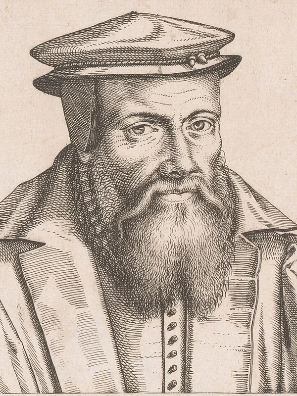 Engraved portrait of Zacharias Ursinus, bearded, in a flat cap and gown